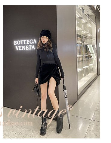 Le Palais Vintage Black Long Sleeves Short Faux Fur Coat and Dinner Skirt Suit-Selena.