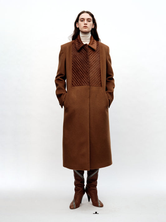 SERRER Coffee-pressed diamond patchwork wool loose classic single-breasted coat - AVA.