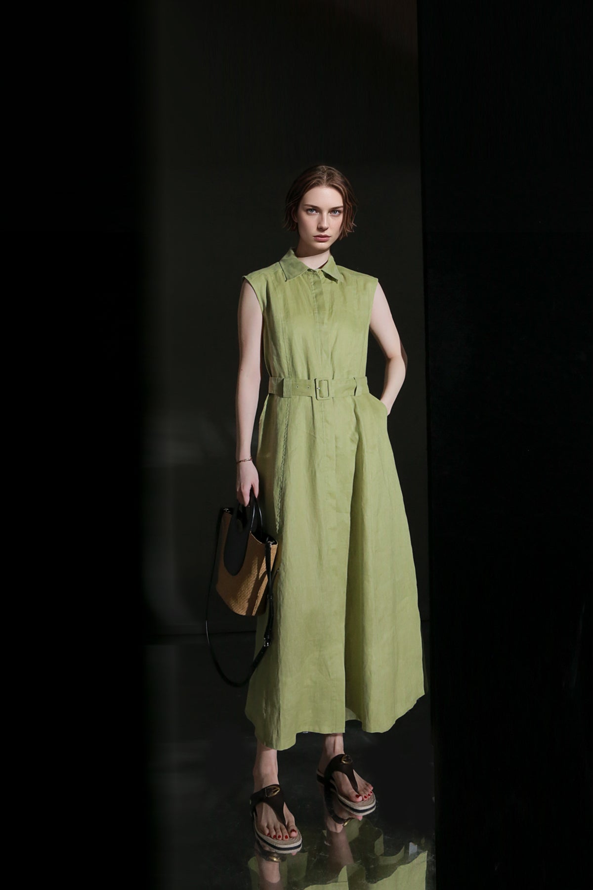 PIAOIN minimalist 100% linen sleeveless belted midi green pastel blue shirt dress -EVELYN.
