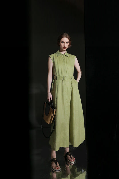 PIAOIN minimalist 100% linen sleeveless belted midi green pastel blue shirt dress -EVELYN.