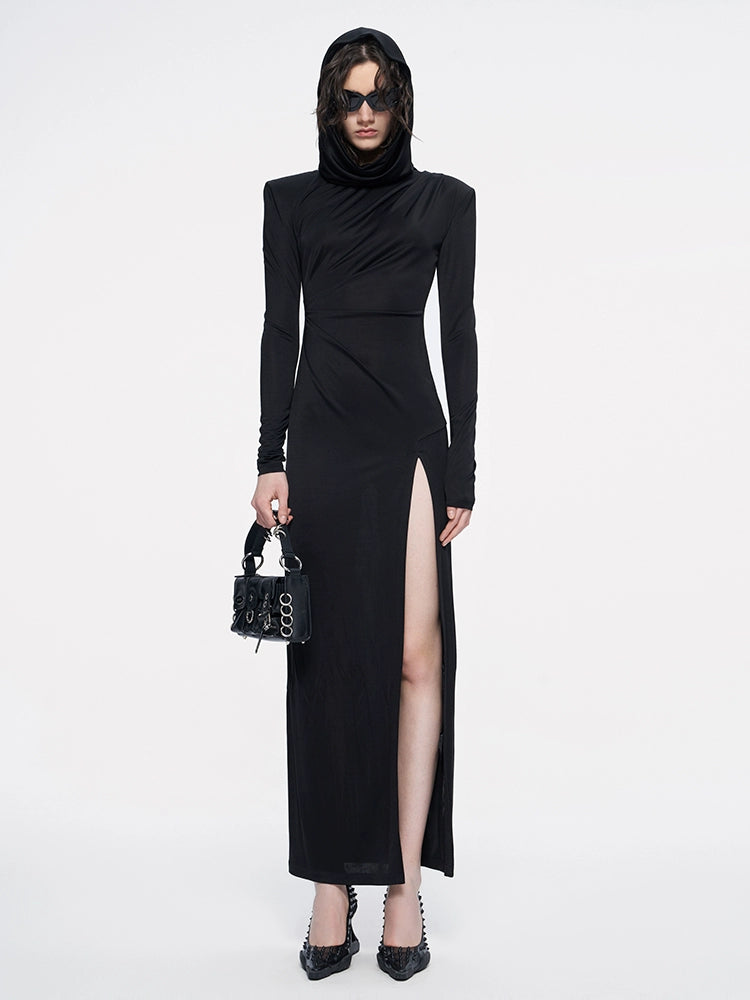 ANNAKIKI Designer Black Acetate Hood Slit Long Skirt Dress-HARUNA