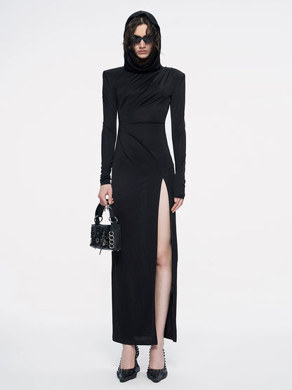 ANNAKIKI Designer Black Acetate Hood Slit Long Skirt Dress-HARUNA