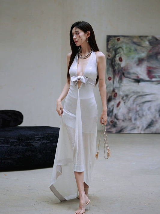 DOLLY  Luxury French Style  Deep V-Neck Sleeveless Sequin Fishtail Dress-Amaka