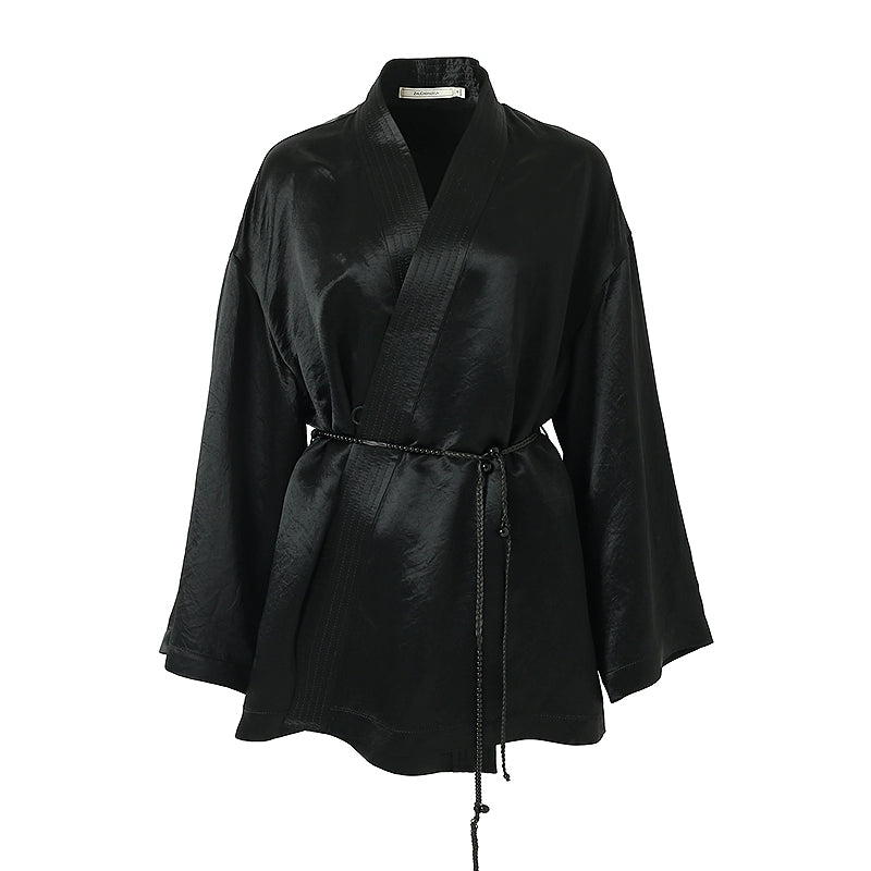 ZHUCHONGYU cross-collar satin black loose with belt jacket--MISAKI.