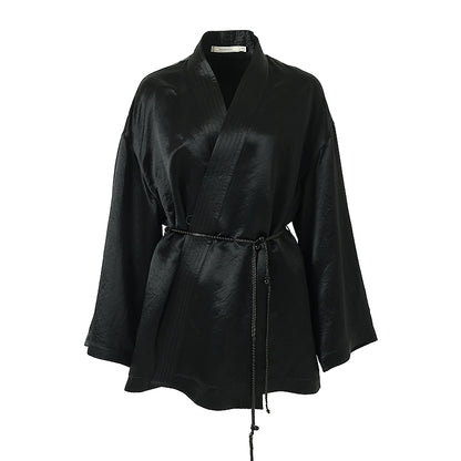 ZHUCHONGYU cross-collar satin black loose with belt jacket--MISAKI.
