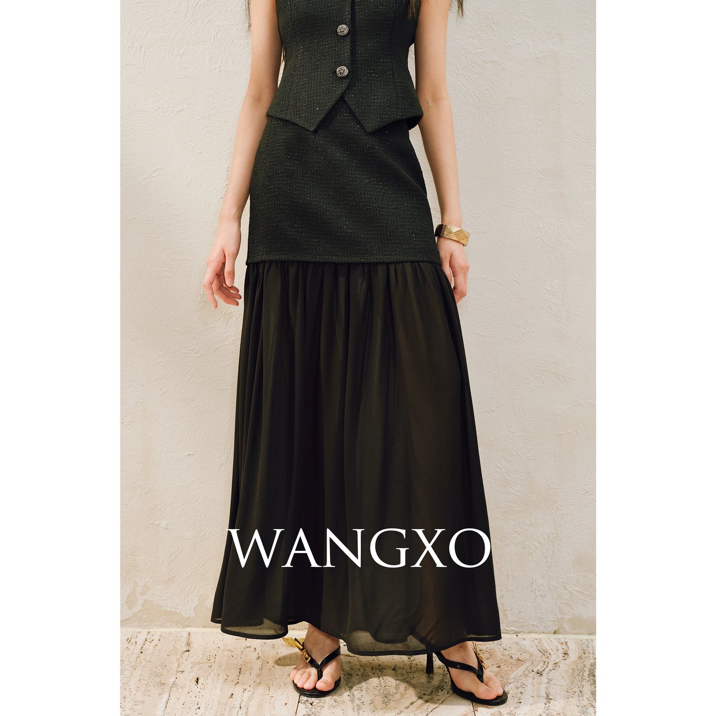 WANGXO |Light Georgette V-Neck Vest & Flowing  Skirt Suit Set-RINA
