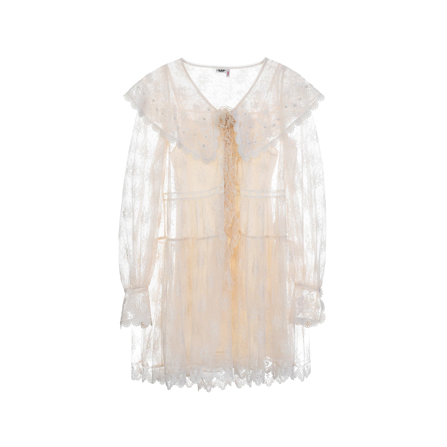 FAME V-Neck Embroidered Lace Shawl Neck Short Dress - JADE.