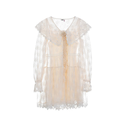 FAME V-Neck Embroidered Lace Shawl Neck Short Dress - JADE.