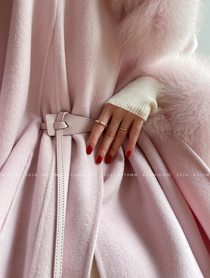 Aconiconi Winter pink wool cape fox fur sleeve double-sided coat-Sakura