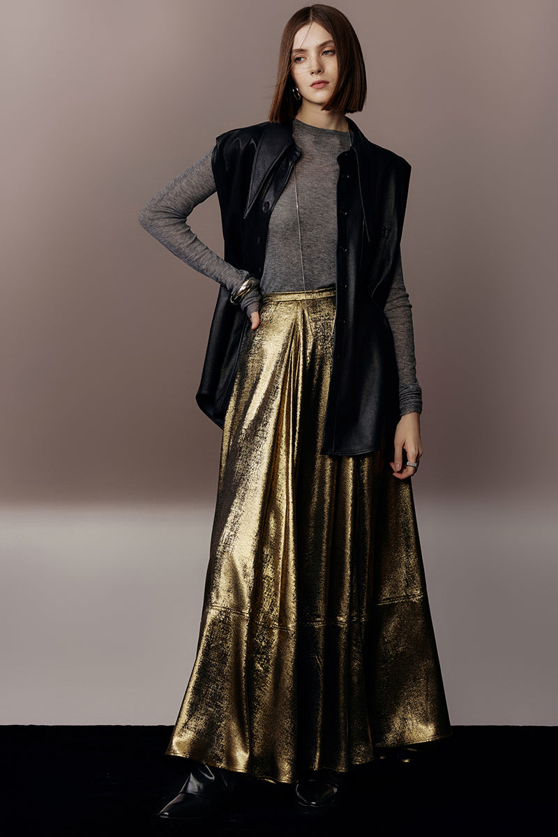 PURITY lacquered metallic gold A-line skirt  silhouette leather vest- Celeste