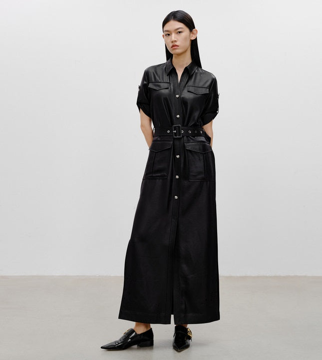 COMME MOI Lu Yan designer women's hunting straight side slit maxi skirt dress - LAYLA.