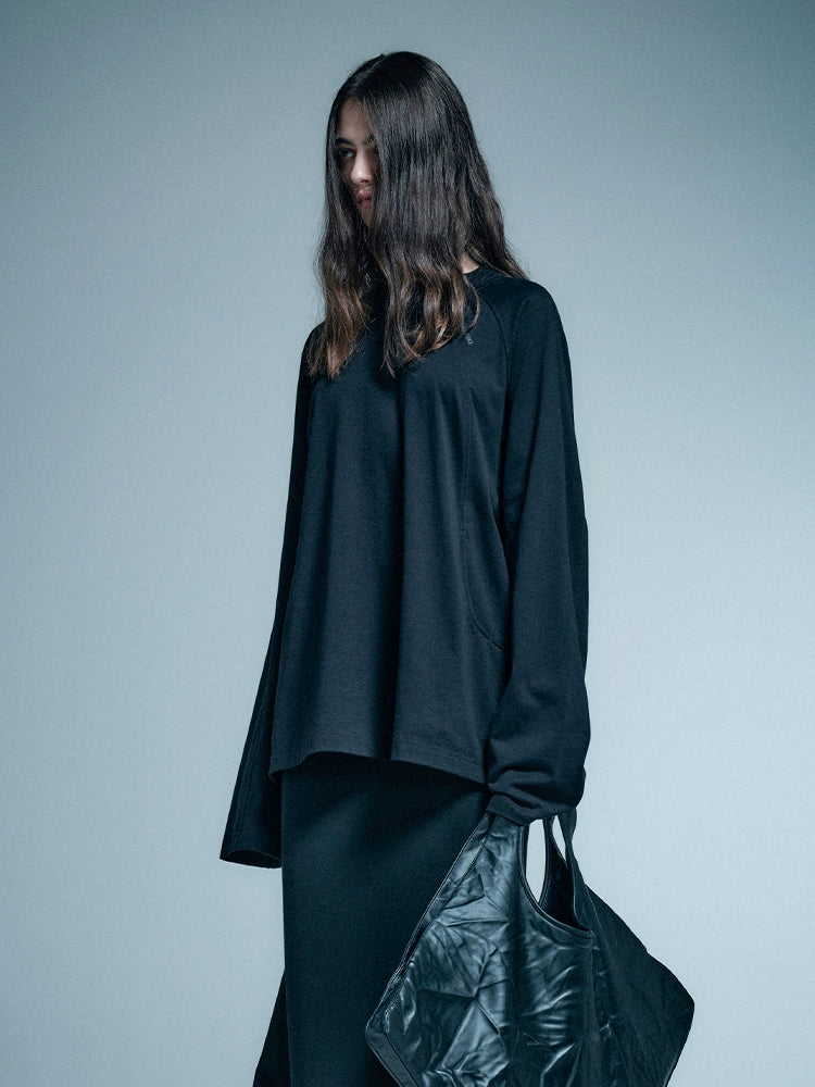 ANNAKIKI Black Structure Stitched Loose Long Sleeve Top-MUNI