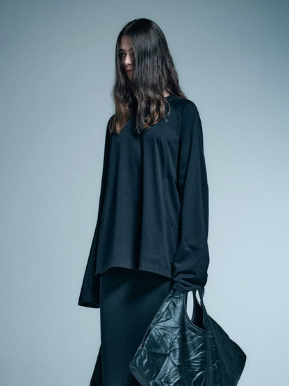 ANNAKIKI Black Structure Stitched Loose Long Sleeve Top-MUNI