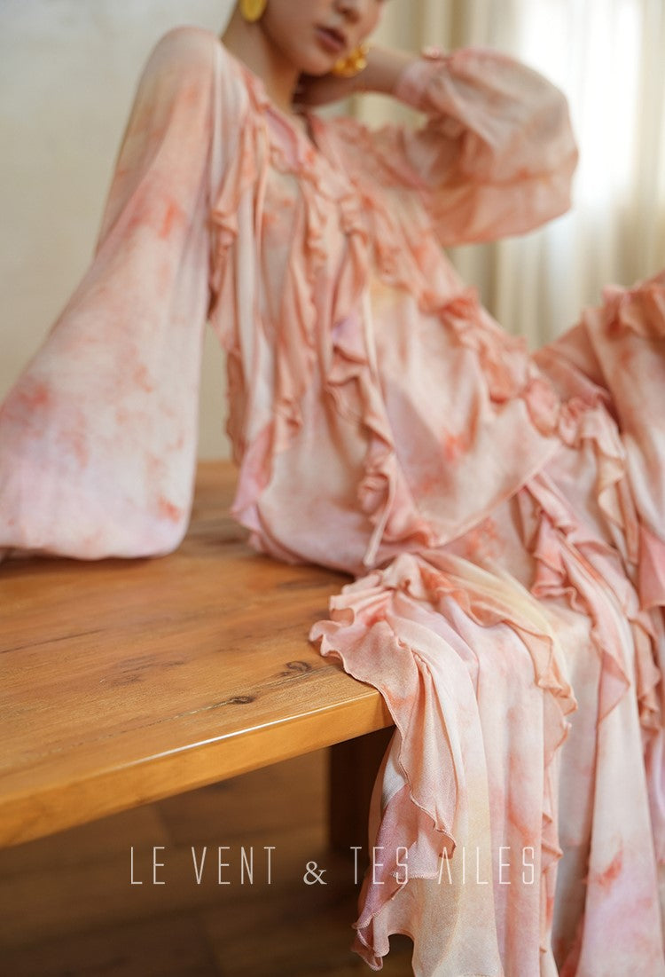 LE VENT& TES AILES Spring summer elegant multicolor silk smudged floral shirt skirt-ENE