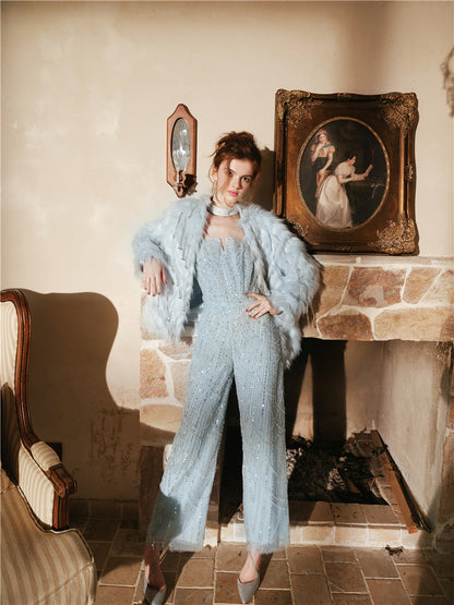 Wardrobes by Chen Luxury Diamond Chain Tassel Fur Coat/Beaded Jumpsuit-Divine