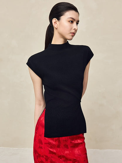 HECO Waist Side Buckle Stand Collar Knitted Short Sleeve Top- BLOOD.