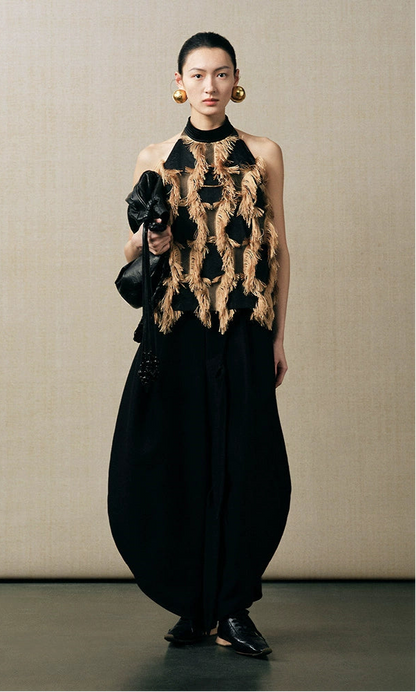 ZHUCHONGYUN draped tassel jacquard sleeveless halter neck suspender top-MAOTOME.