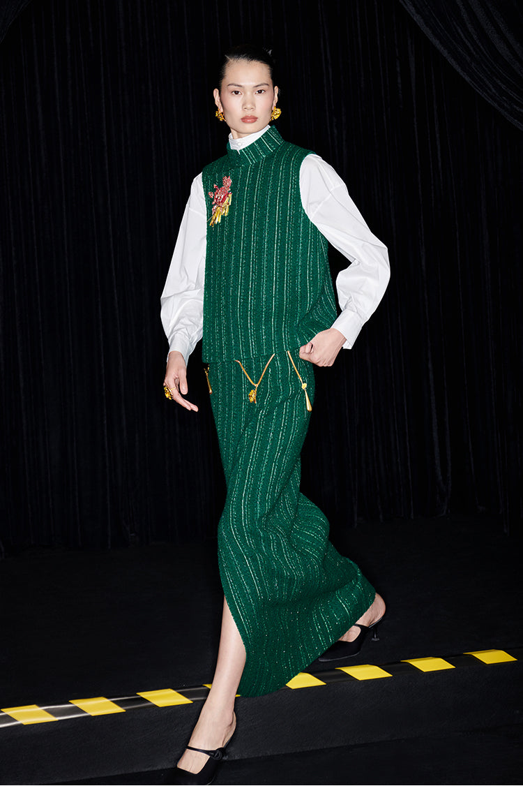 M essential Mackay designer rose beads placket green vest pencil skirt - Biba.