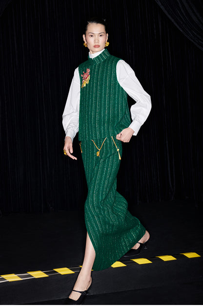 M essential Mackay designer rose beads placket green vest pencil skirt - Biba.