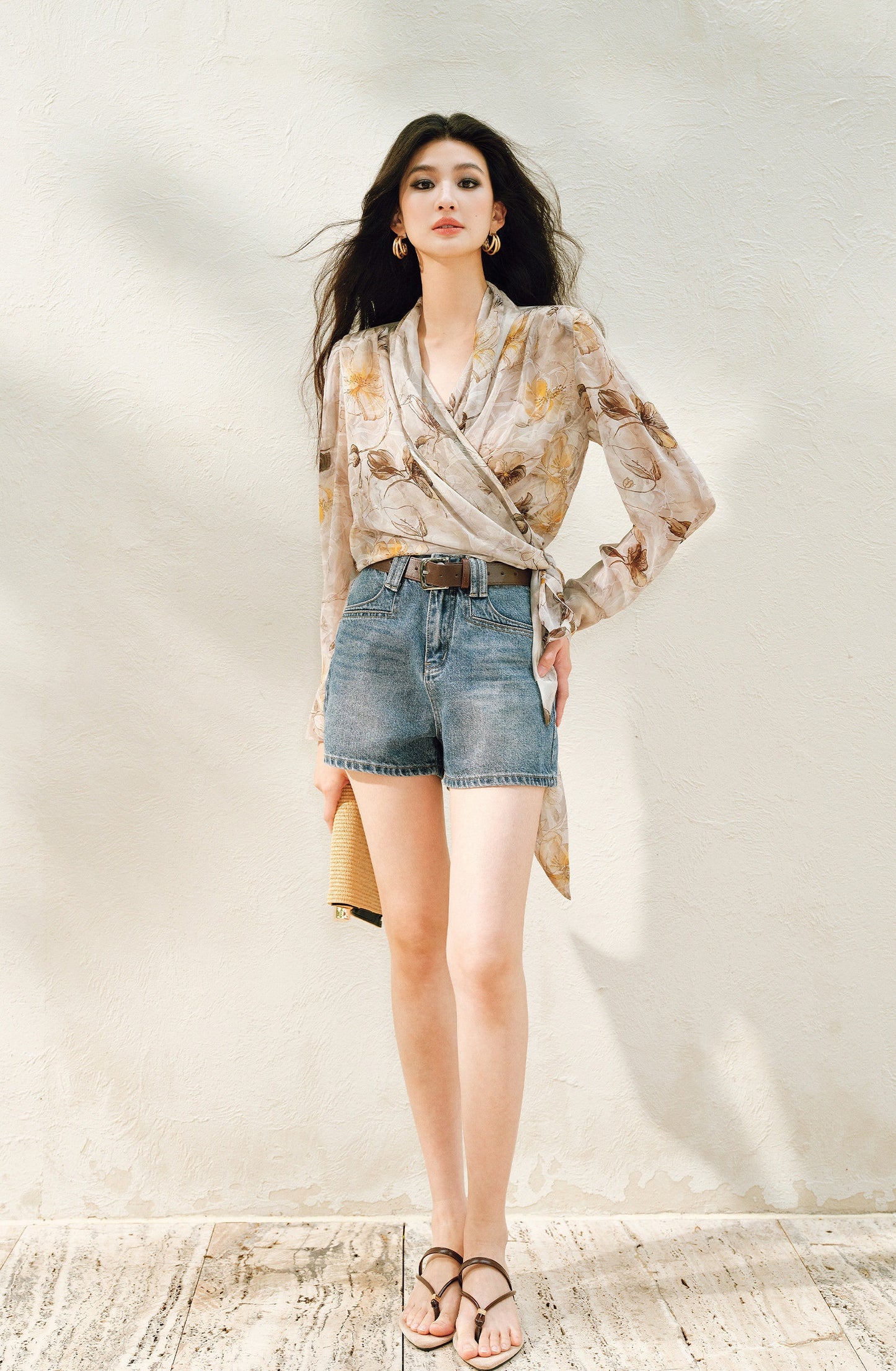 WANGXO | Silky Drape Smooth Georgette Vine-Inspired Geometric Print Entwined Twisted Shirt  -LYRA