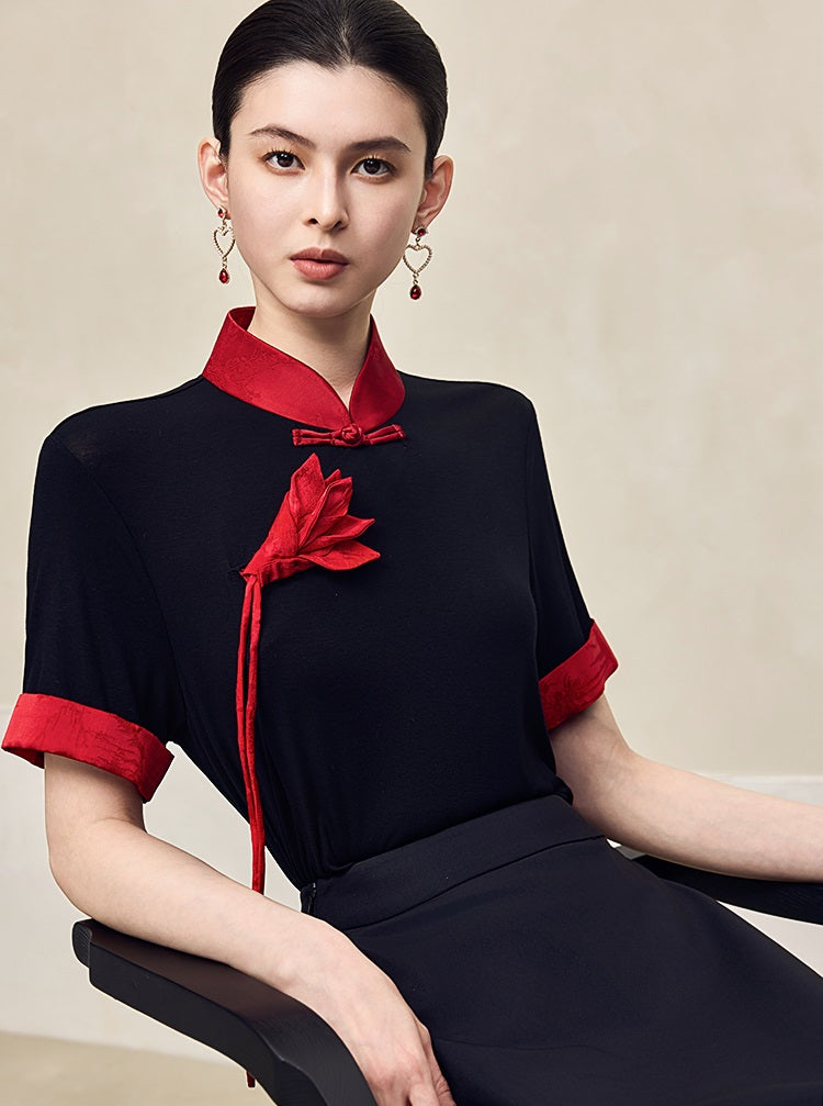 HECO Polyester Handmade Flower Mandarin Neckline Short Sleeve  Black T-Shirt - EVE.