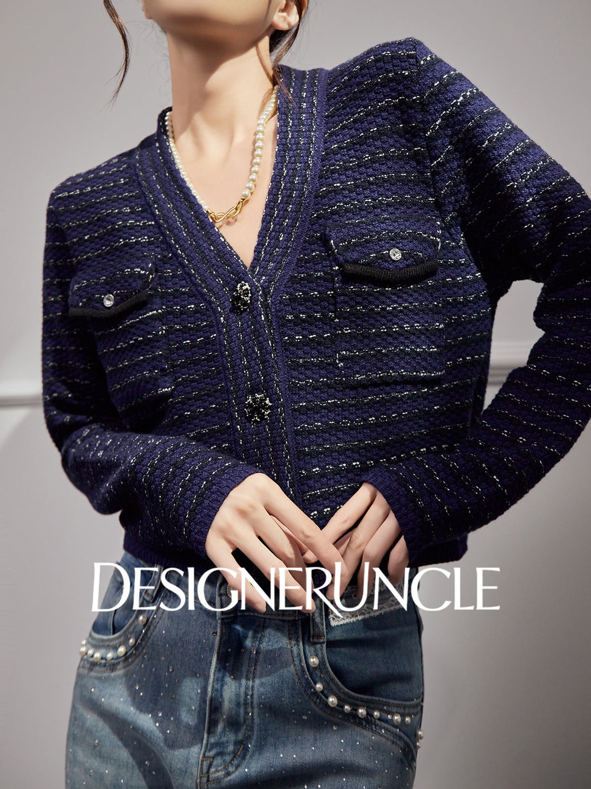 DGU "Ink Room" royal blue knitted sweater small fragrance temperament versatile top - Robert.