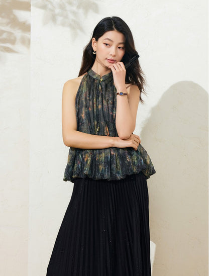 SUSHE Light Chinese smudge halter neck off-the-shoulder chiffon top -TESS
