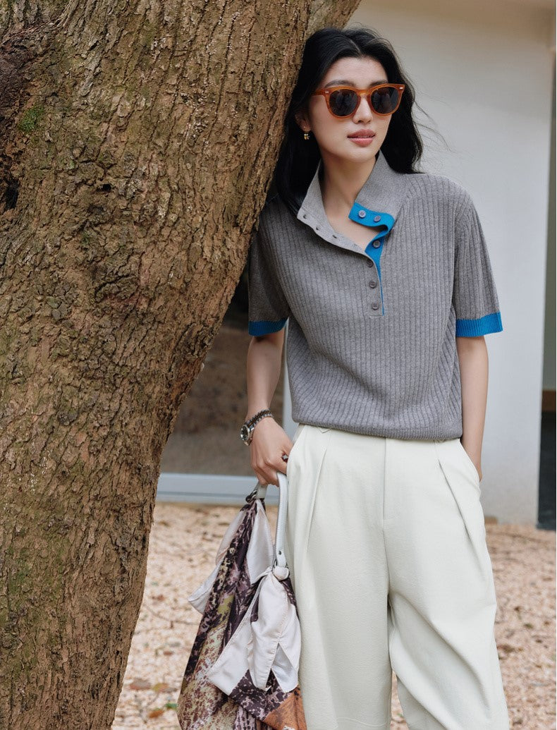 SUSHE Fengyu linen texture floral yarn sleeve polo lapel knit sweater-AVA