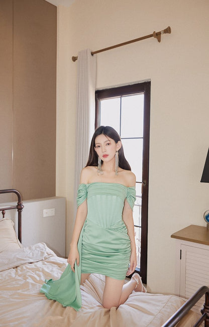 DOLLY Elegant Green Off Shoulder Corset Chest Wrap Pleated Satin Party Dress-DEVIKA