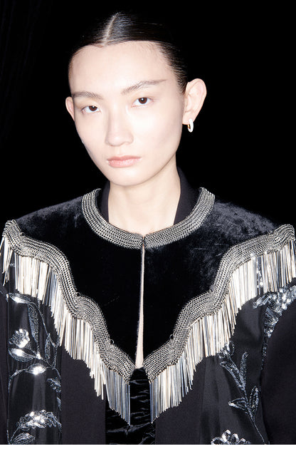 M essential Mackay designer silk-velvet crewneck tassel cape blazer dress set-  Benny.