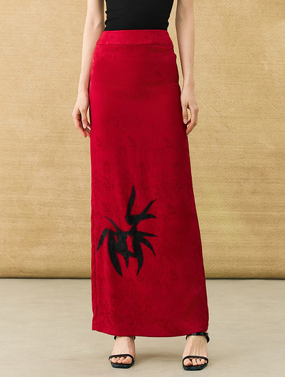 HECO Chinese high-end acetate bamboo feminine temperament printed slit skirt - COLT.