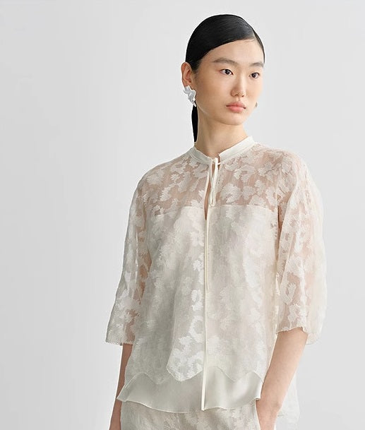COMME MOI silk embroidered lace-up half-sleeved top - ESTHER.