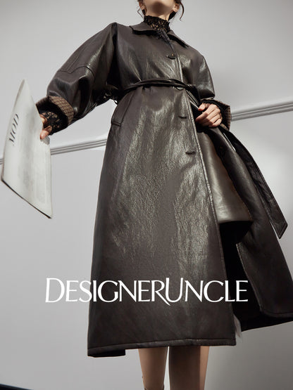 DGU|Tan leather loose slimming high-end mid-length leather jacket - Louisa.