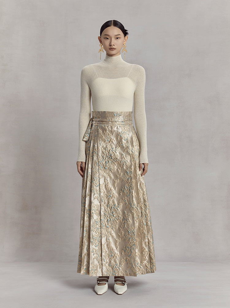 HECO high waist pleat blue purple green jacquard Embossed Skirt Women - king.