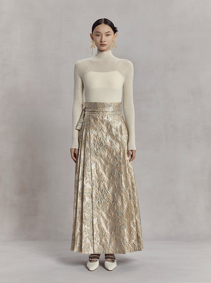 HECO high waist pleat blue purple green jacquard Embossed Skirt Women - king.