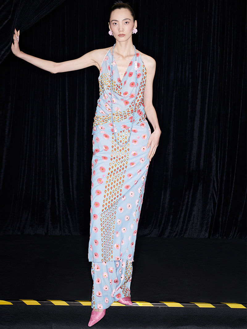 M essential Ma Kai designer Qu Kun burnt flower velvet nail beads open back dress - ALPHA.