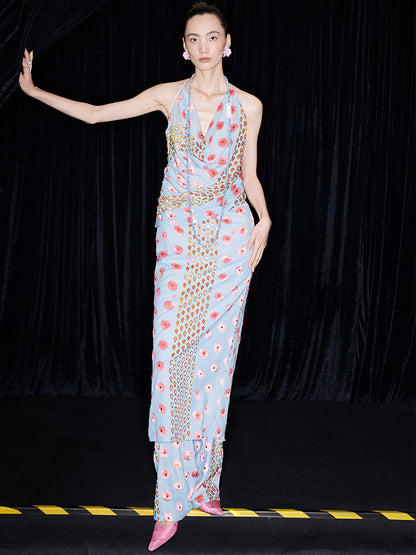 M essential Ma Kai designer Qu Kun burnt flower velvet nail beads open back dress - ALPHA.