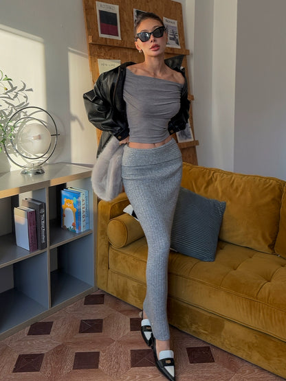 Le Palais Vintage Autumn/Winter Gray Wool Knit Wrap Long Skirt-FERA