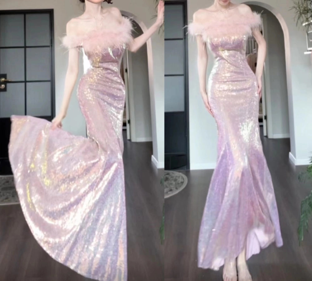DOLLY Elegant Chest Wrap Feather Off Shoulder Long Sequin Mermaid Dress-TURA