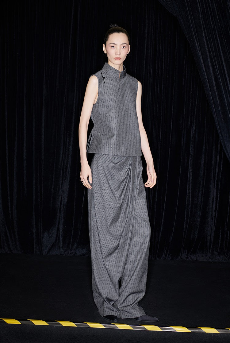 M essential Mackay designer label sand diamond grey stripe diamond buckle drawstring vest - ZING.