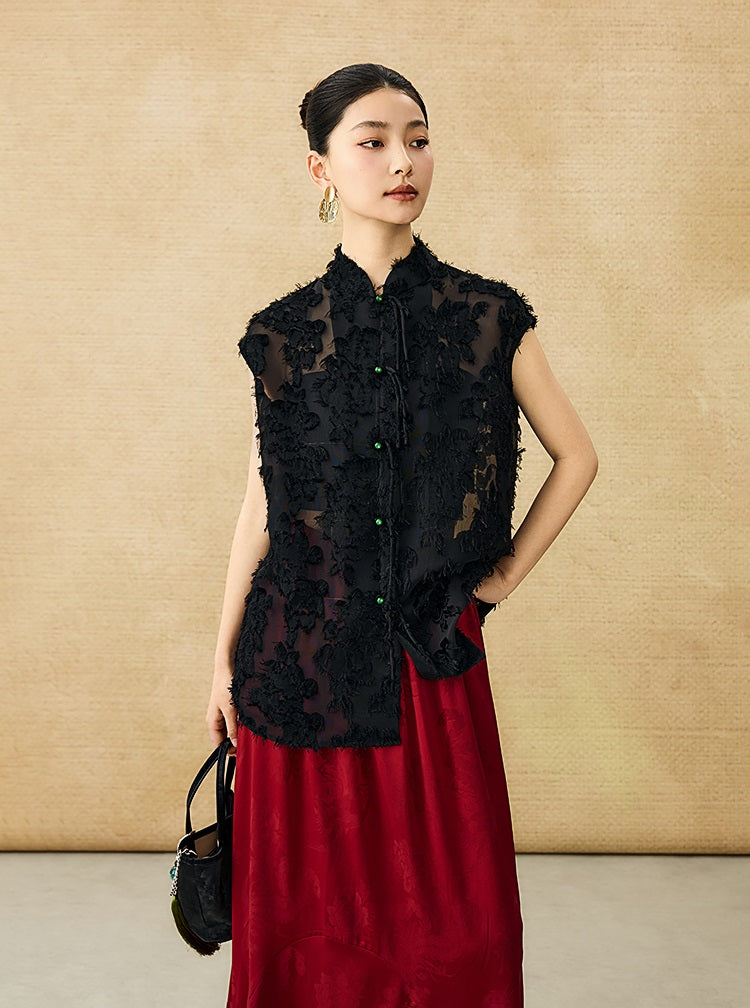 HECO Chinese Style Stand-up Collar Cut Flower Sleeveless Shirt - HELD .