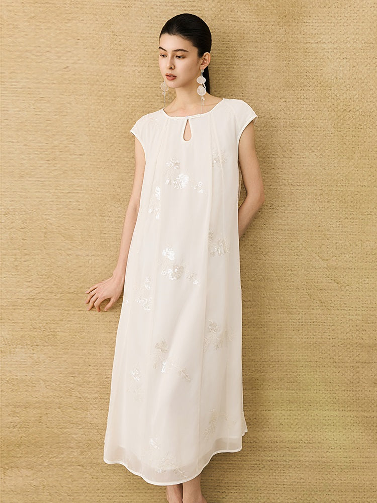HECO Chinese Style Water Drop Neck Shoulder Embroidered Dress - SWEAT.