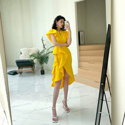 DOLLY Luxury V-Neck Short Sleeve High waist Slim Fit Irregular Hem Date Dress-LISA