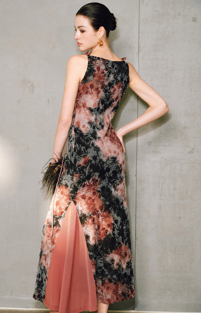 WANGXO | Artistic Ink Smudge Flora Knit Patchwork Contrast Tulle One-Shoulder Fishtail Dress with Flowing Gradient Drama -XINA