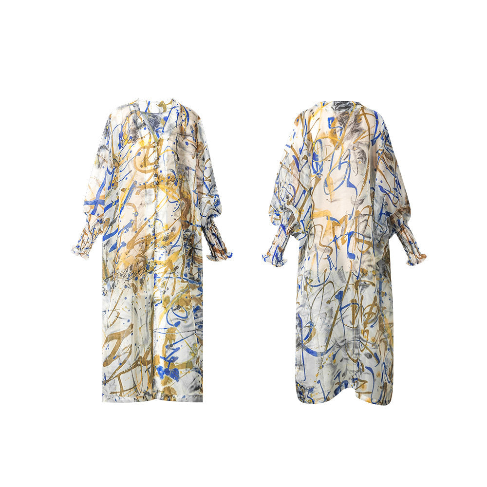 TUYUE Art Print Disc Buckle Light Organza Long Jacket- XENA.