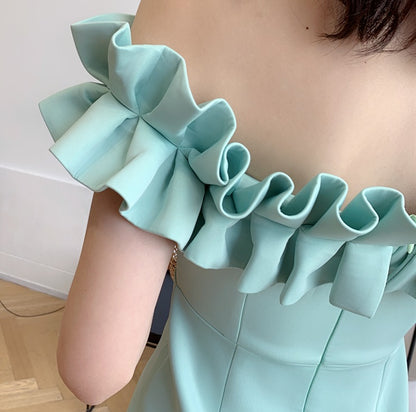 DOLLY High End Retro Style Pleated Off Shoulder Slim Fit Dinner Dress-JOLA