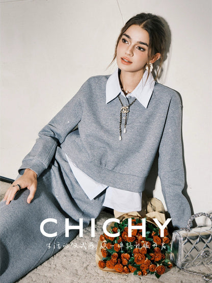 CHICHY Lazy Casual Gray Two-Piece Sporty Style Skirt-KILLUA
