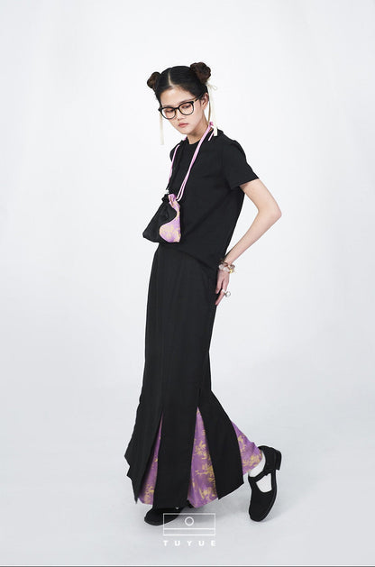 TUYUE  Black Slim Slit Jacquard Skirt- SOKKA.