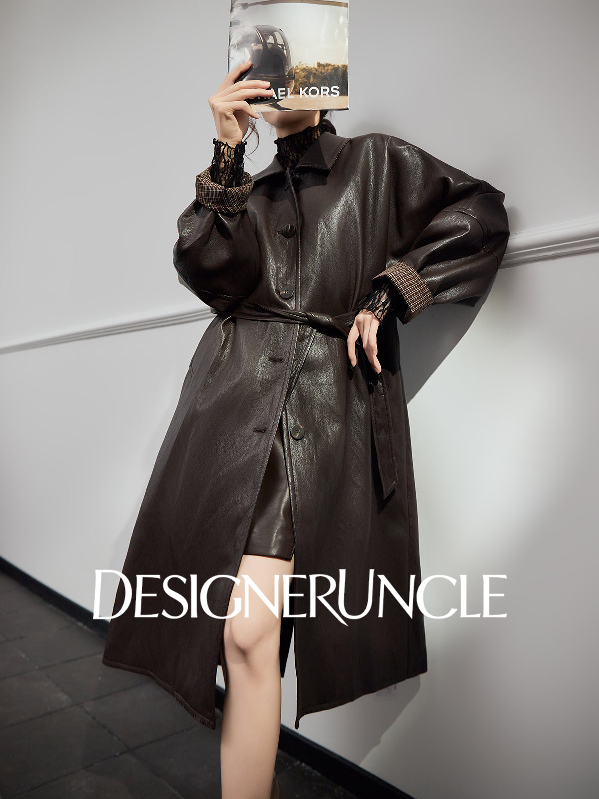 DGU|Tan leather loose slimming high-end mid-length leather jacket - Louisa.