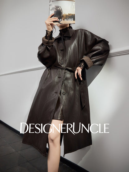 DGU|Tan leather loose slimming high-end mid-length leather jacket - Louisa.